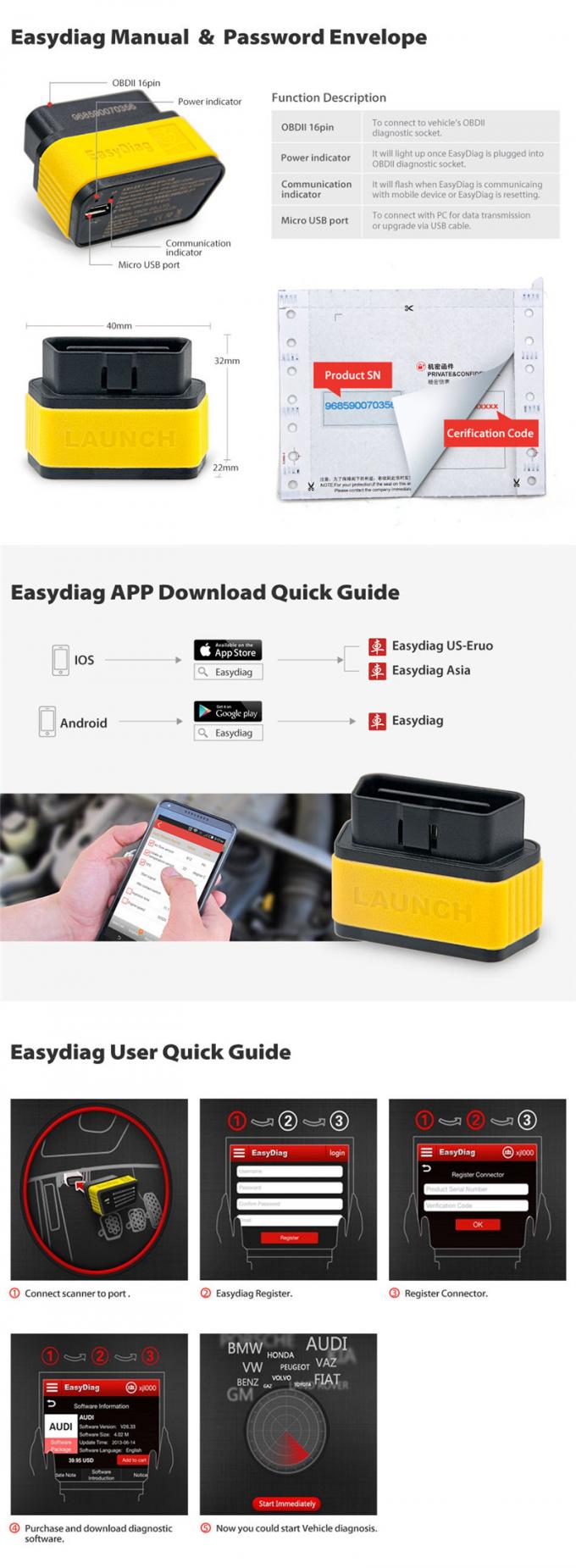 X431 EasyDiag 2.0 발사 EasyDiag 2.0 Blueto를 가진 Android/IOS X431 EasyDiag 2.0를 위한 더하기 Obd2 진단 스캐너 공구